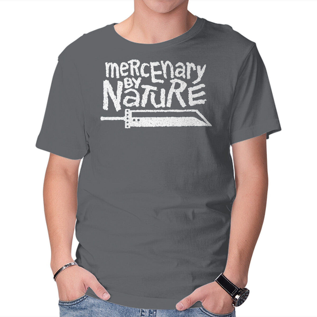 Mercenary By Nature – Gaming Graphic T-Shirt in charcoal, product display