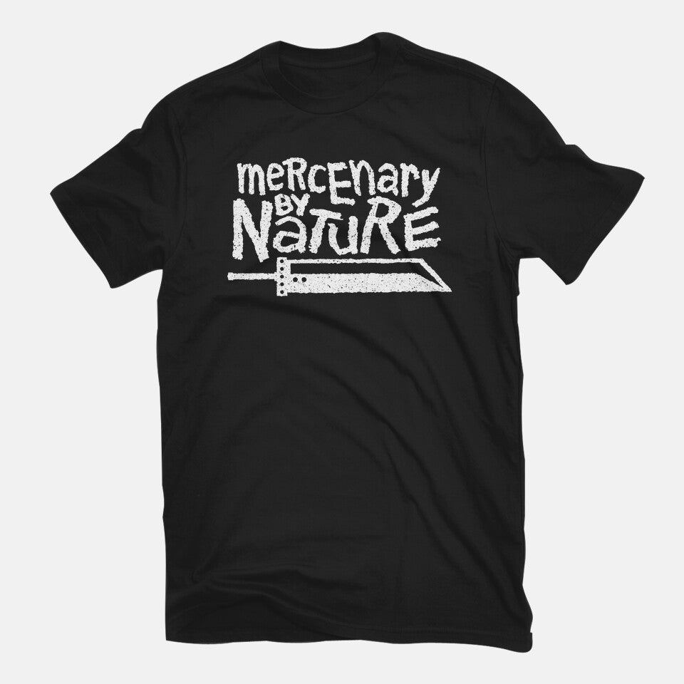 Mercenary By Nature – Gaming Graphic T-Shirt in black, flat-lay product view