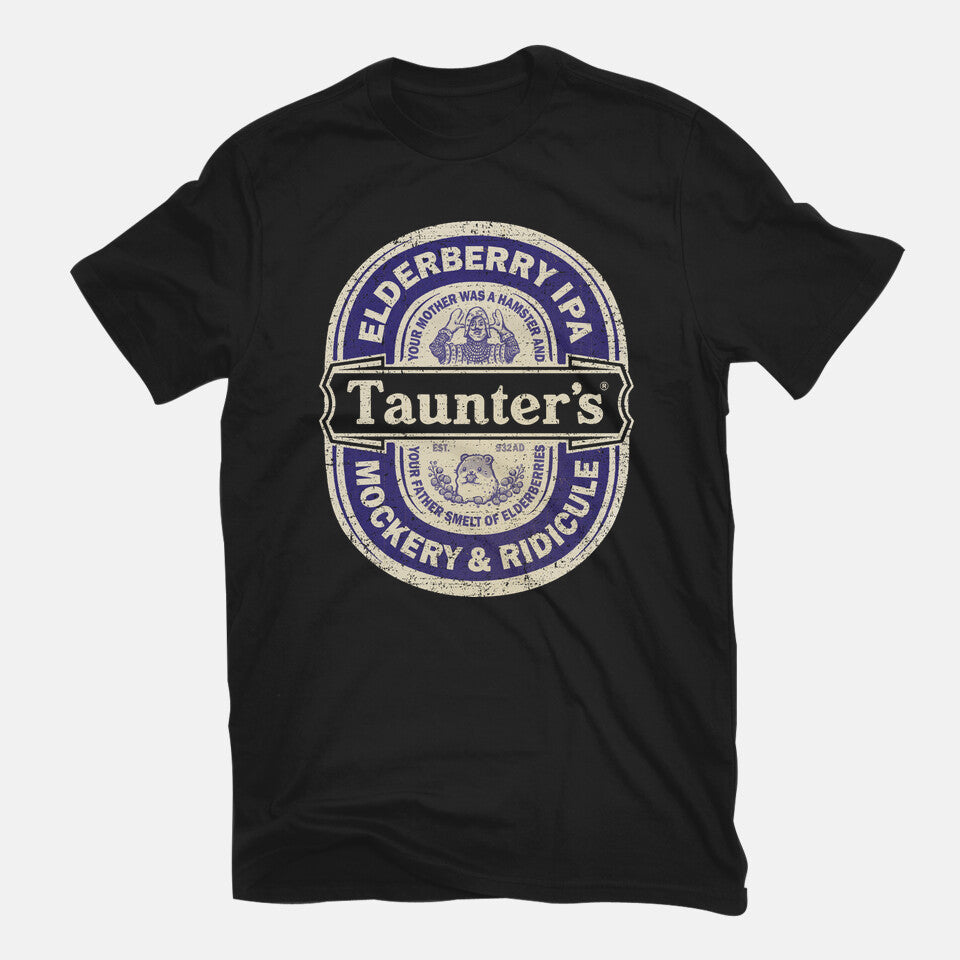 Elderberry IPA – Movie Graphic T-Shirt in black, flat-lay product view
