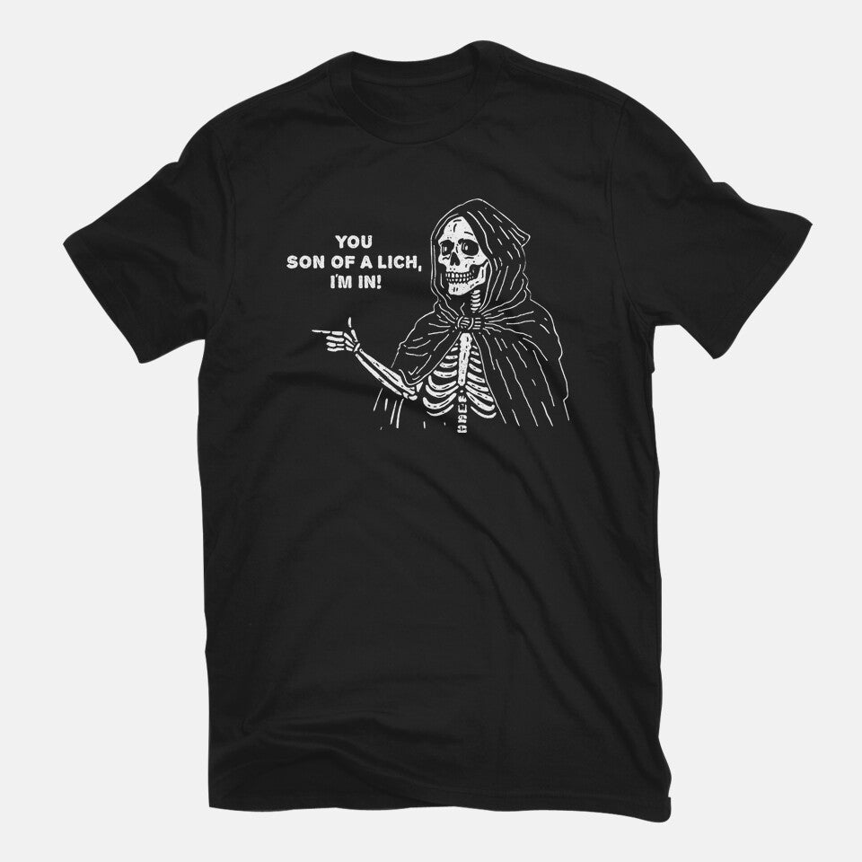 You Son Of A Lich – Gaming Graphic T-Shirt in black, flat-lay product view