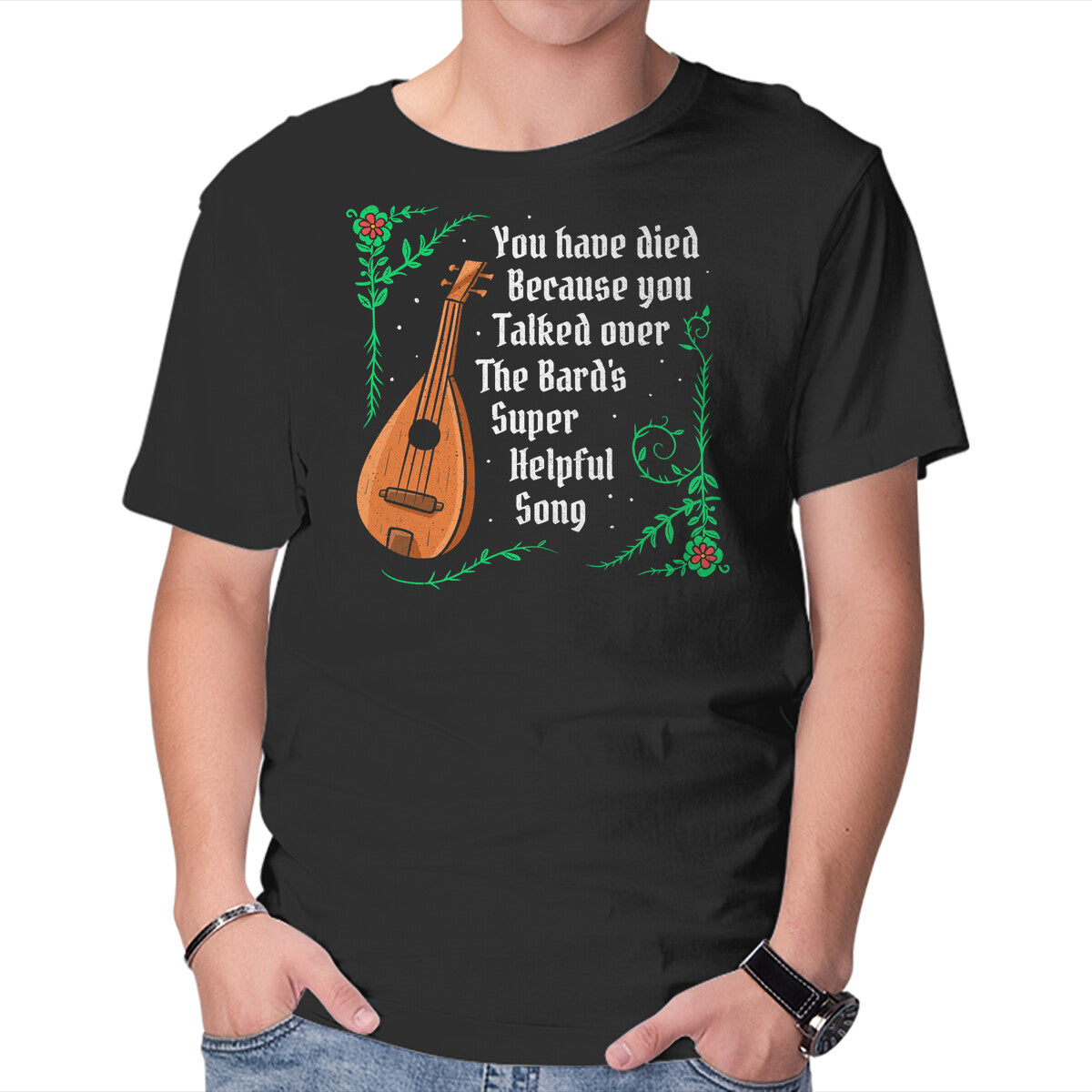Talking Over The Bard – Gaming Graphic T-Shirt in black, product display