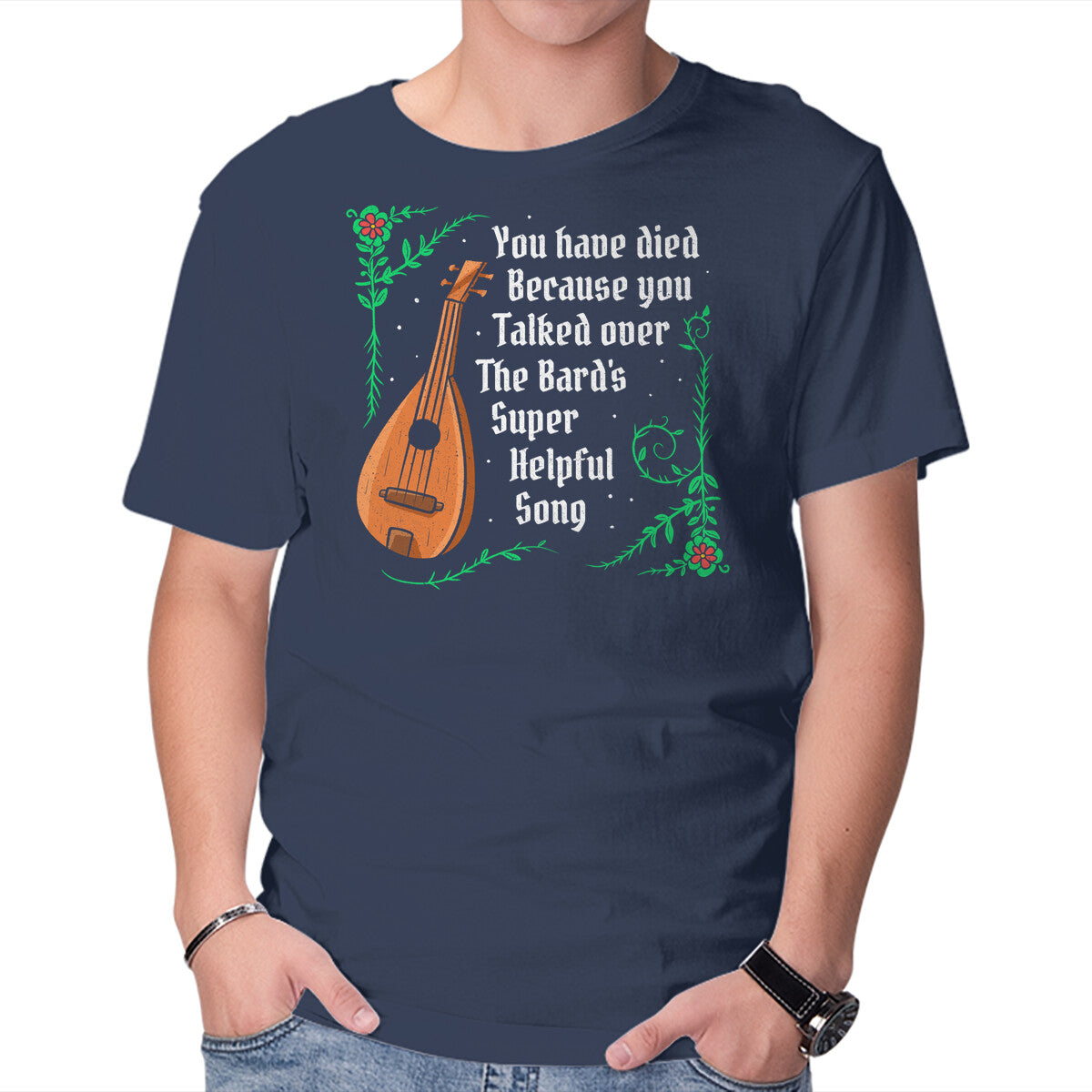 Talking Over The Bard – Gaming Graphic T-Shirt in navy, product display