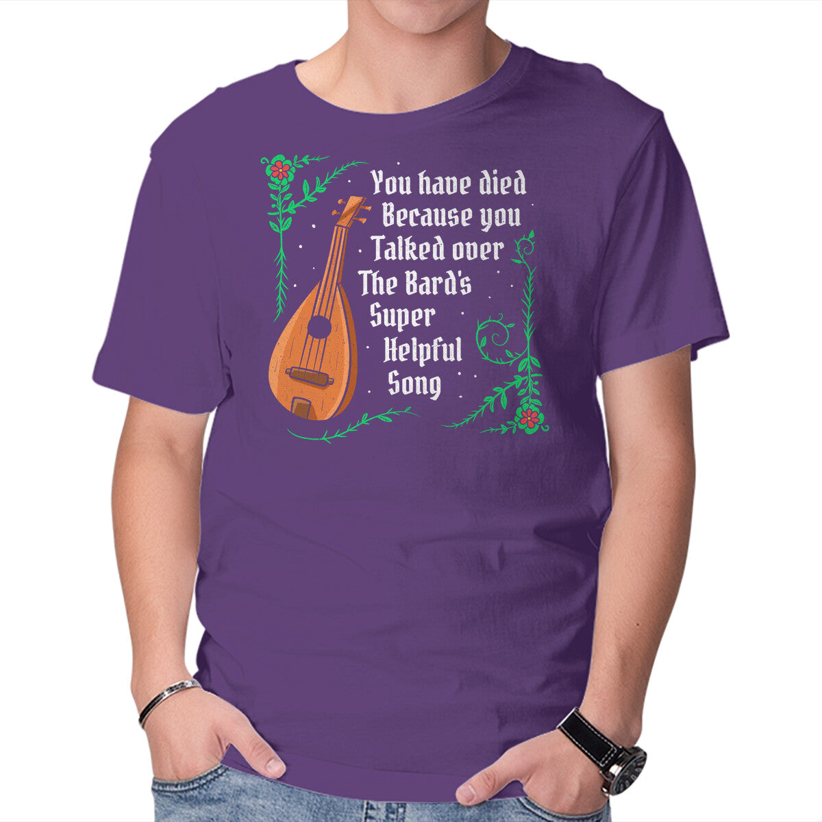 Talking Over The Bard – Gaming Graphic T-Shirt in purple, product display