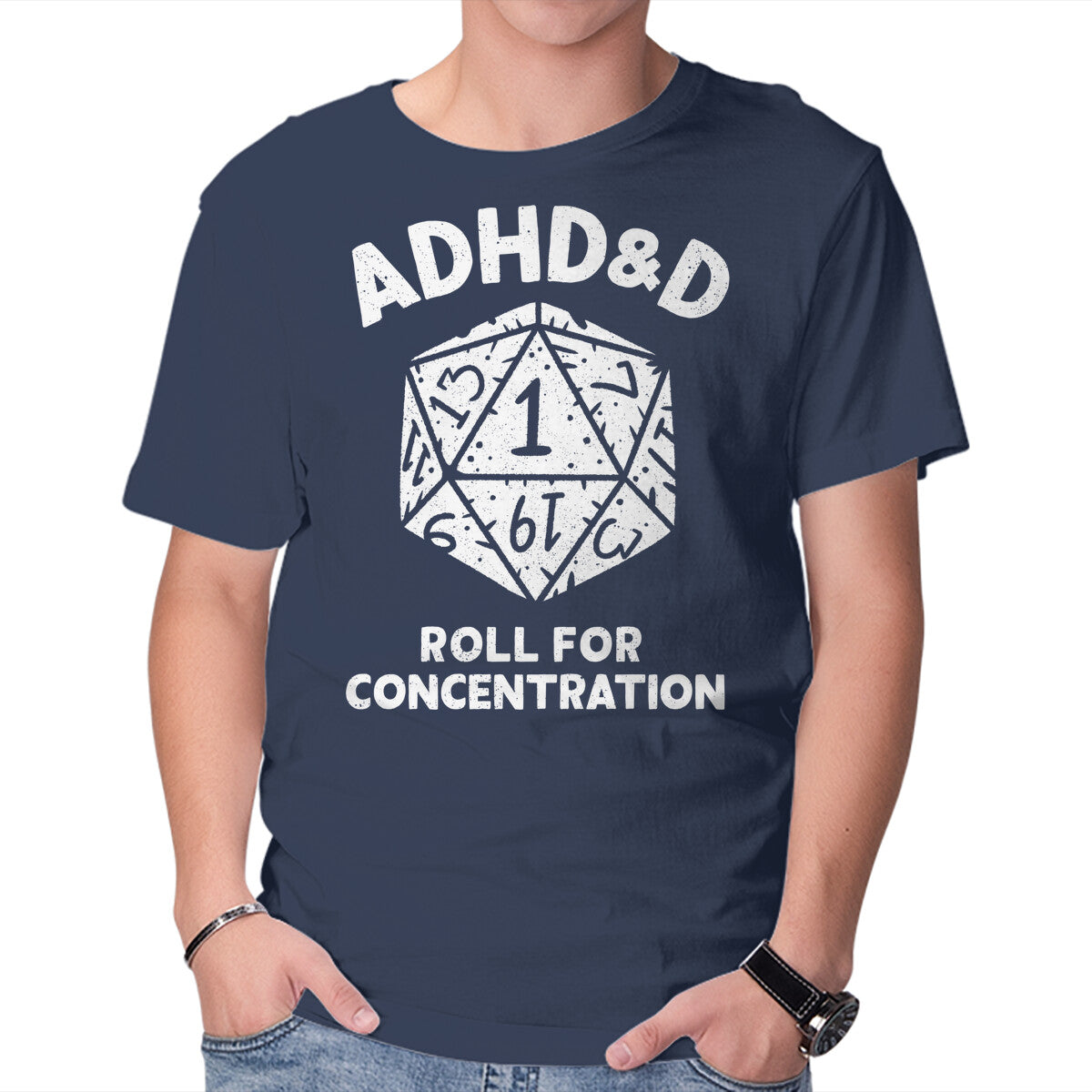 Roll For Concentration – Gaming Graphic T-Shirt in navy, product display