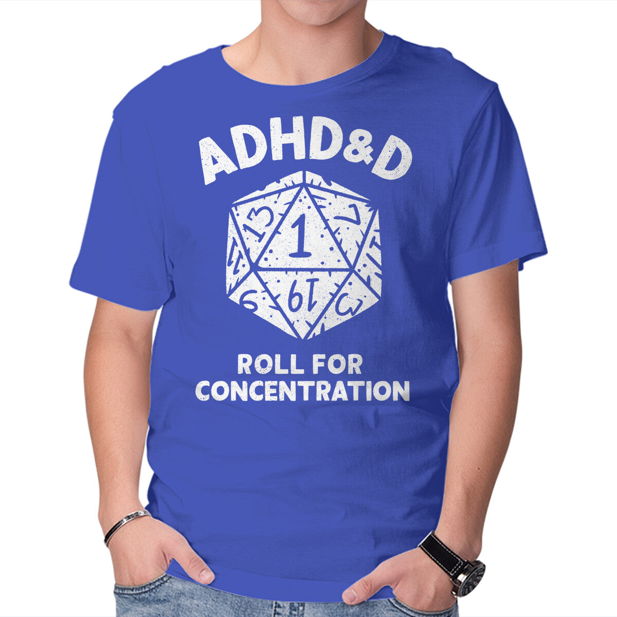 Roll For Concentration – Gaming Graphic T-Shirt in royal blue, product display