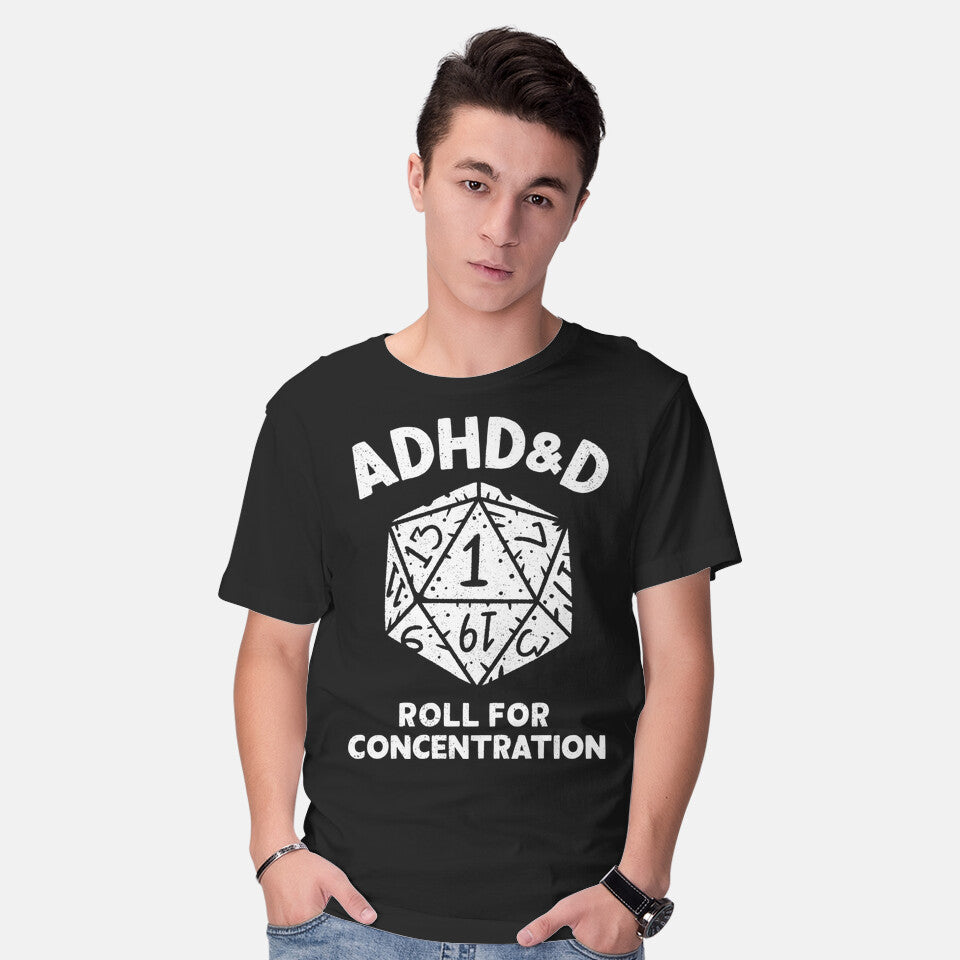 Model wearing black Roll For Concentration – Gaming Graphic T-Shirt
