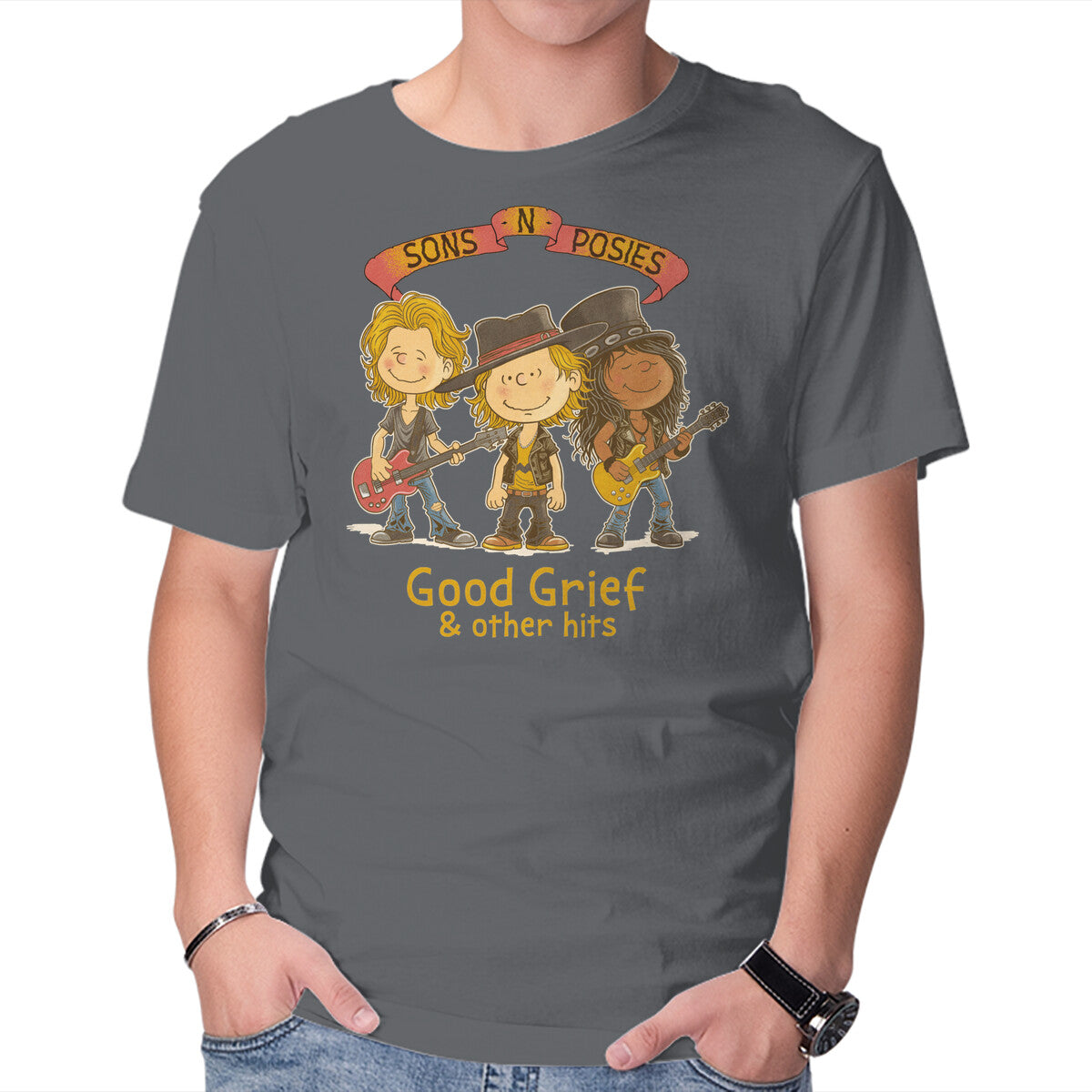 Sons N Posies – Music Graphic T-Shirt in charcoal, product display