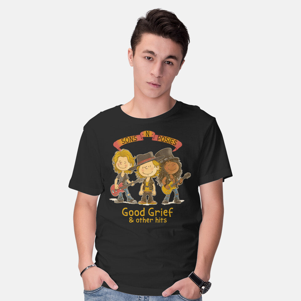 Model wearing black Sons N Posies – Music Graphic T-Shirt
