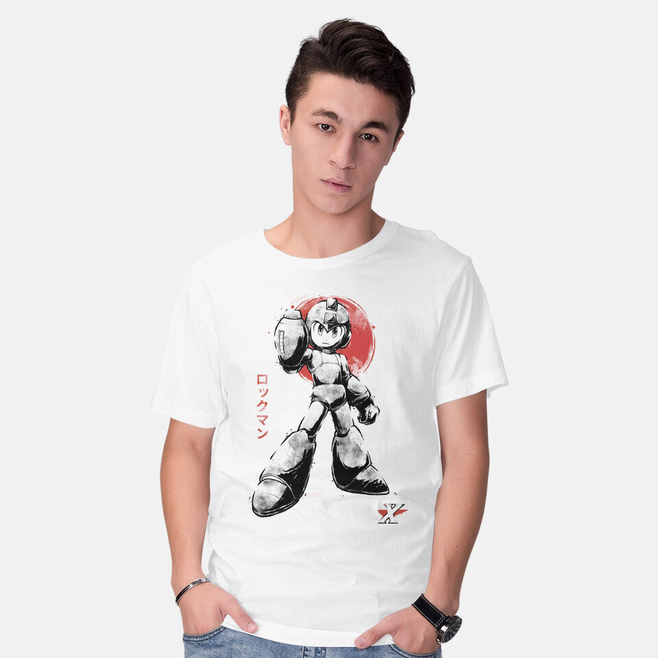 Model wearing white Mega Kid Sumi-e – Gaming Graphic T-Shirt