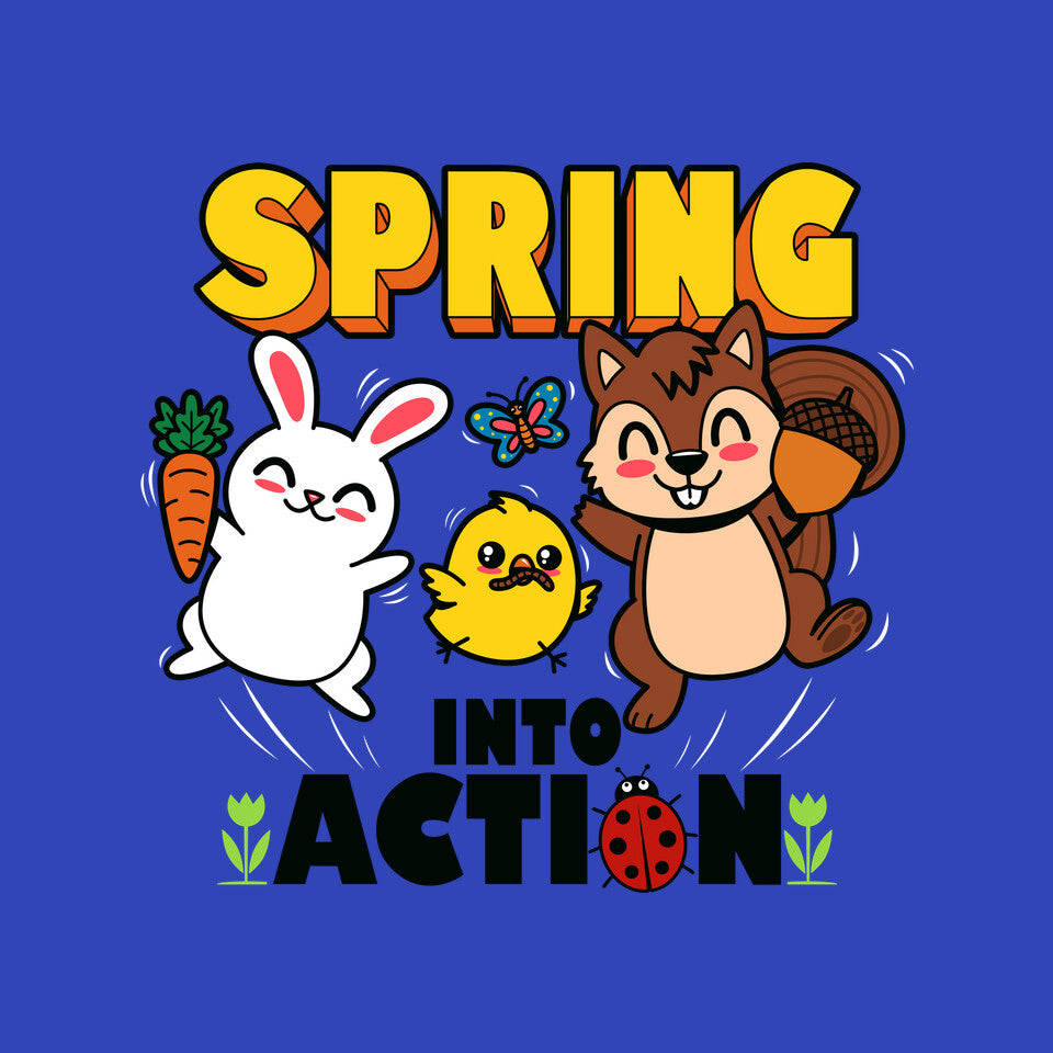 Spring Into Action – Animal Graphic T-Shirt design artwork for royal blue graphic T-shirt