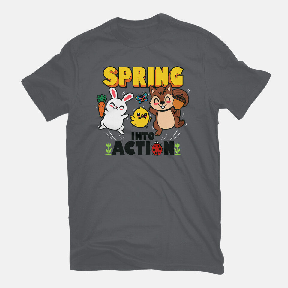 Spring Into Action – Animal Graphic T-Shirt in charcoal, flat-lay product view