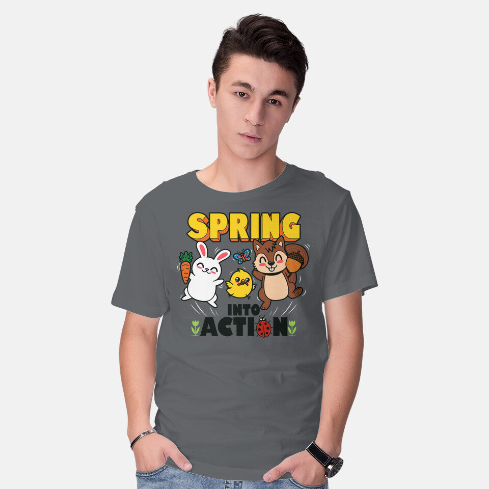 Model wearing charcoal Spring Into Action – Animal Graphic T-Shirt