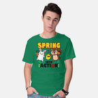 Model wearing green Spring Into Action – Animal Graphic T-Shirt