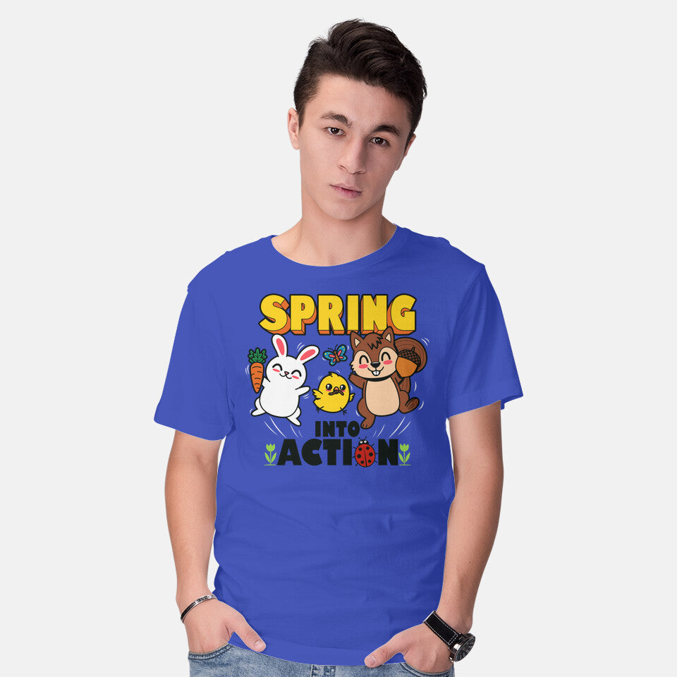 Model wearing royal blue Spring Into Action – Animal Graphic T-Shirt