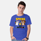 Model wearing royal blue Spring Into Action – Animal Graphic T-Shirt