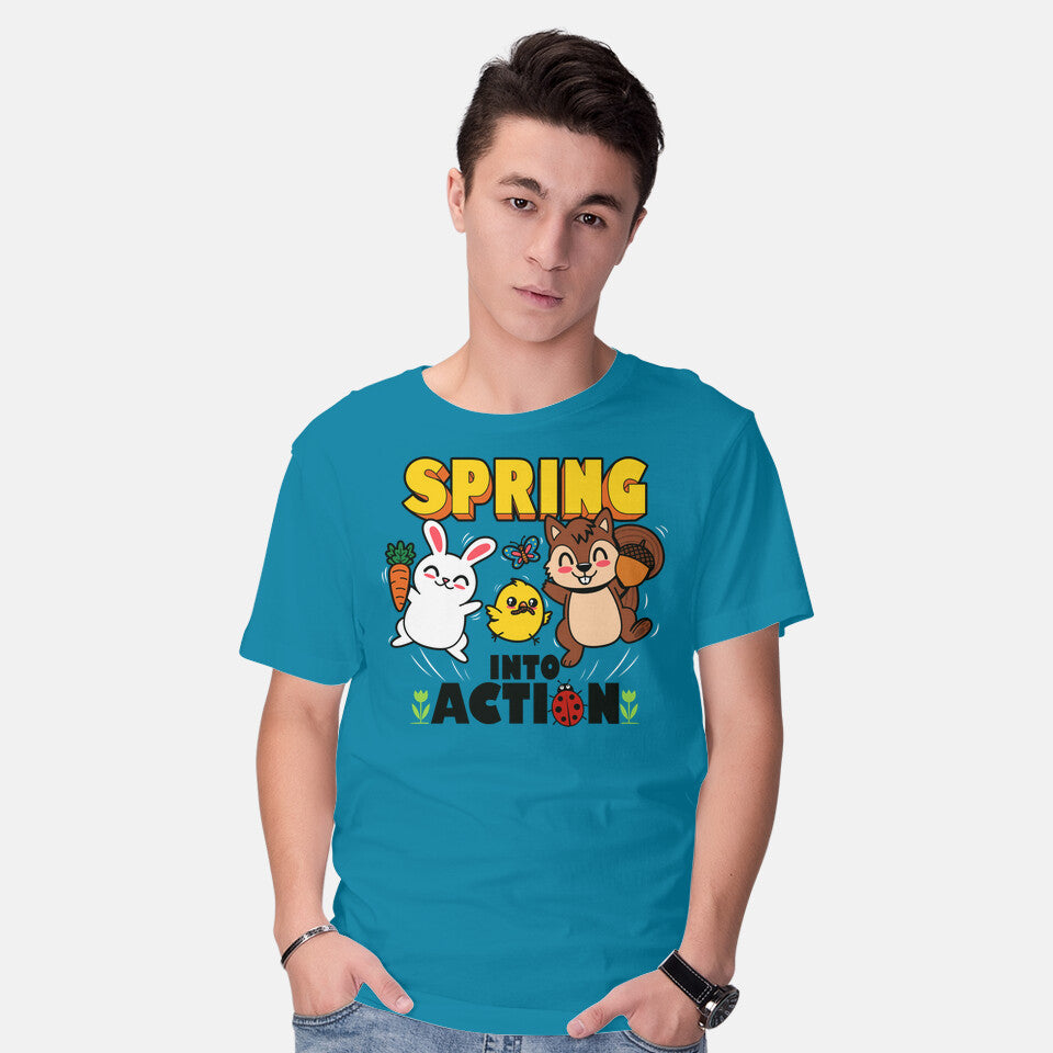 Model wearing turquoise Spring Into Action – Animal Graphic T-Shirt