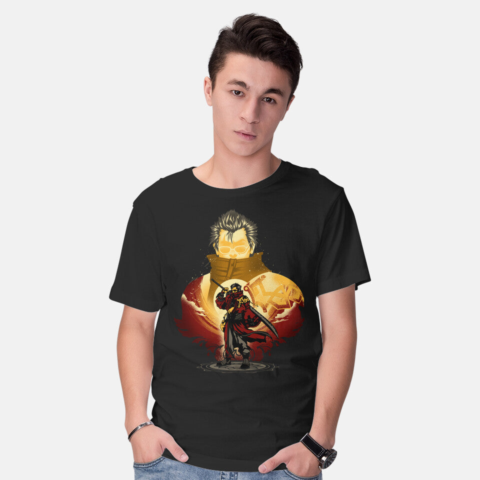 Model wearing black Warrior Monk Of Yevon – Gaming Graphic T-Shirt