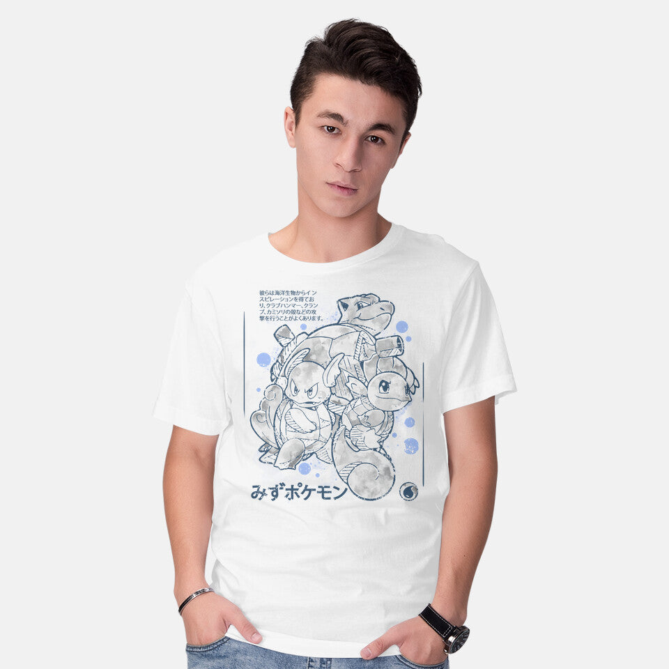 Model wearing white Water Starter Sumi-e – Anime Graphic T-Shirt