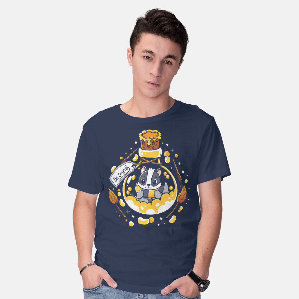 Model wearing navy Loyal Potion – Fantasy Graphic T-Shirt