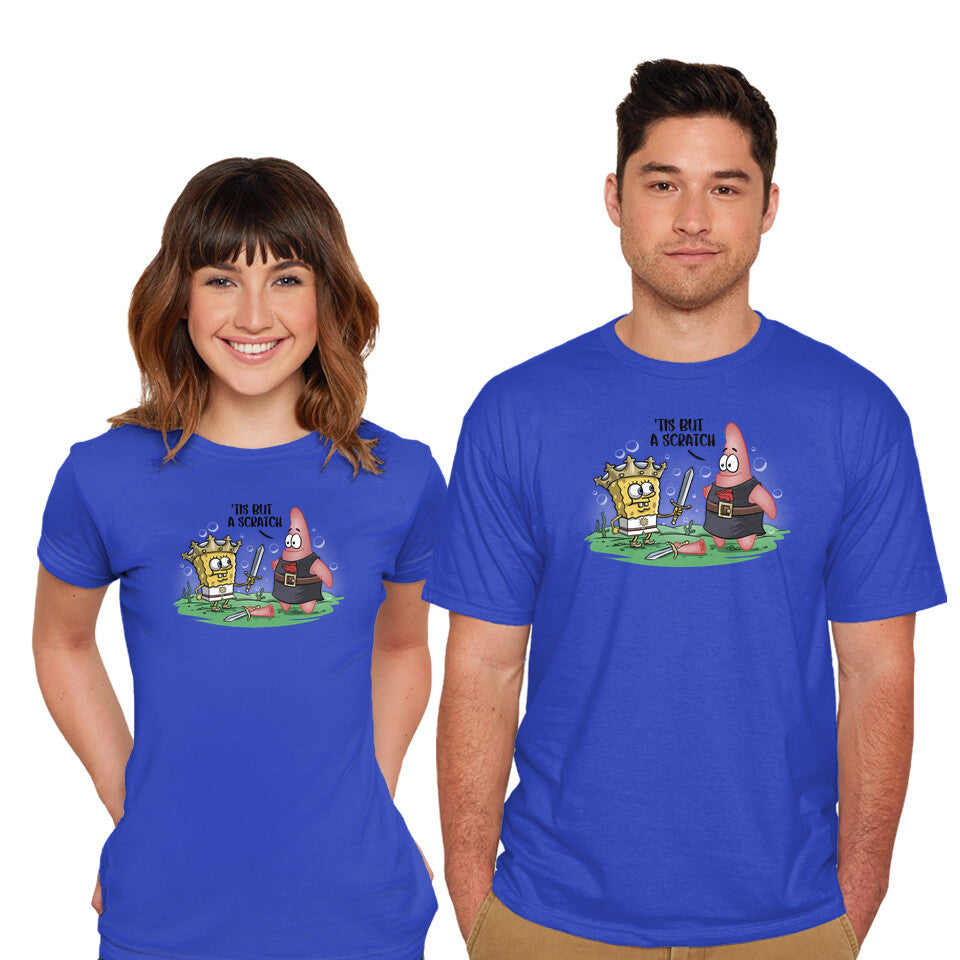 Model wearing royal blue The Holy Grail Under The Sea – Movie Graphic T-Shirt