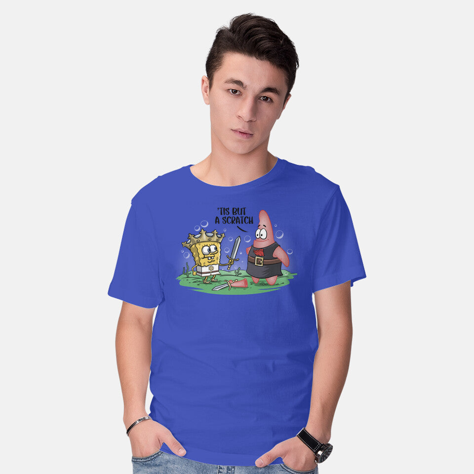 Model wearing royal blue The Holy Grail Under The Sea – Movie Graphic T-Shirt