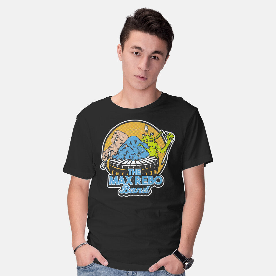 Model wearing black The Max Rebo Band – Sci-Fi Graphic T-Shirt