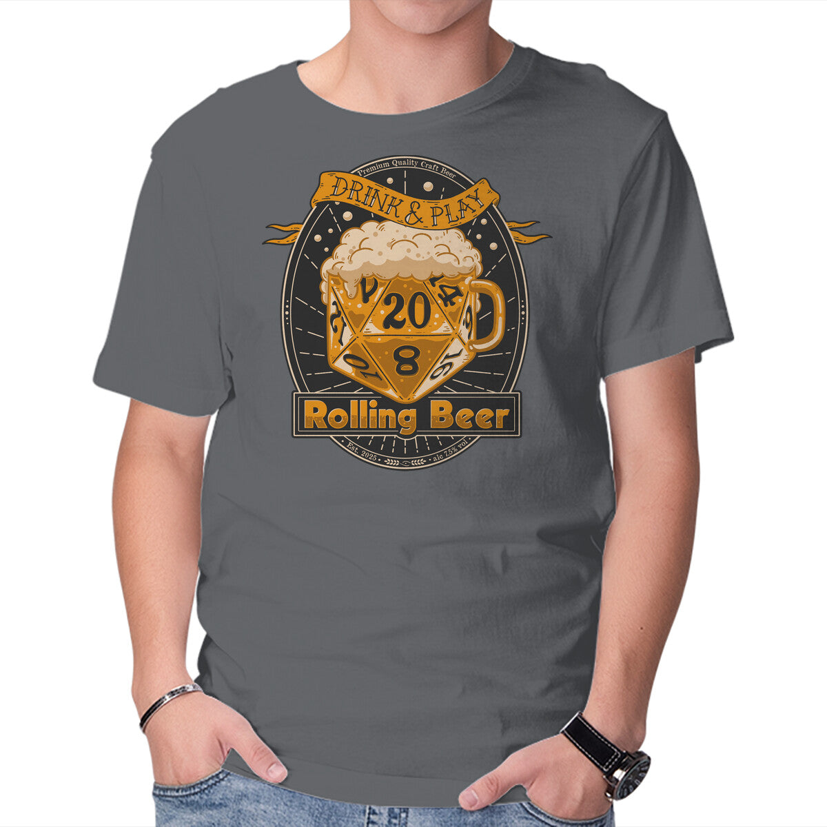 Rolling Beer – Gaming Graphic T-Shirt in charcoal, product display