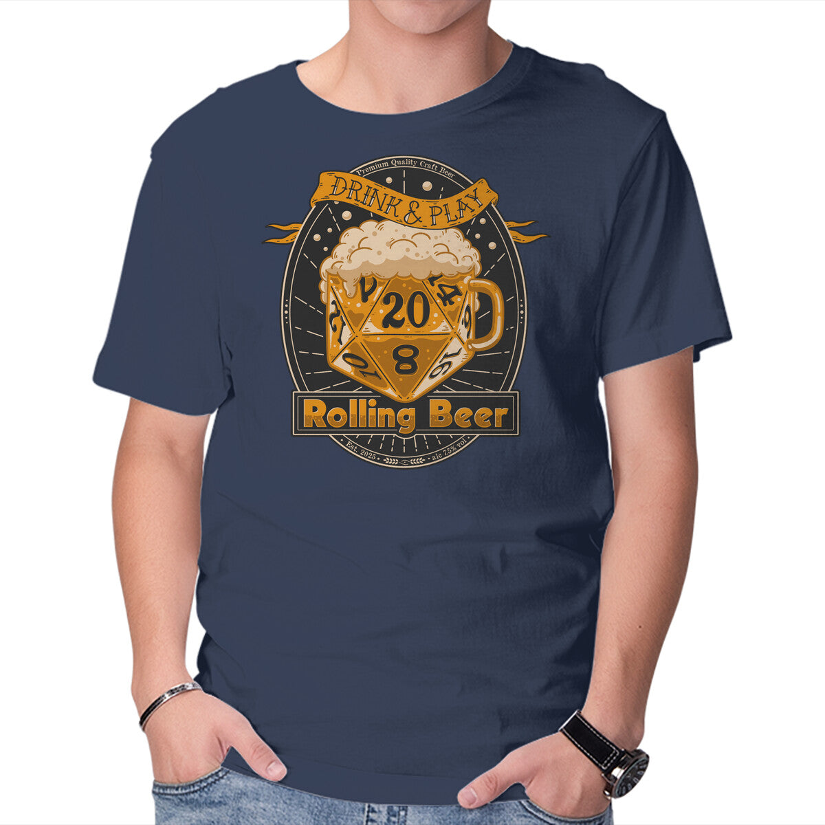 Rolling Beer – Gaming Graphic T-Shirt in navy, product display