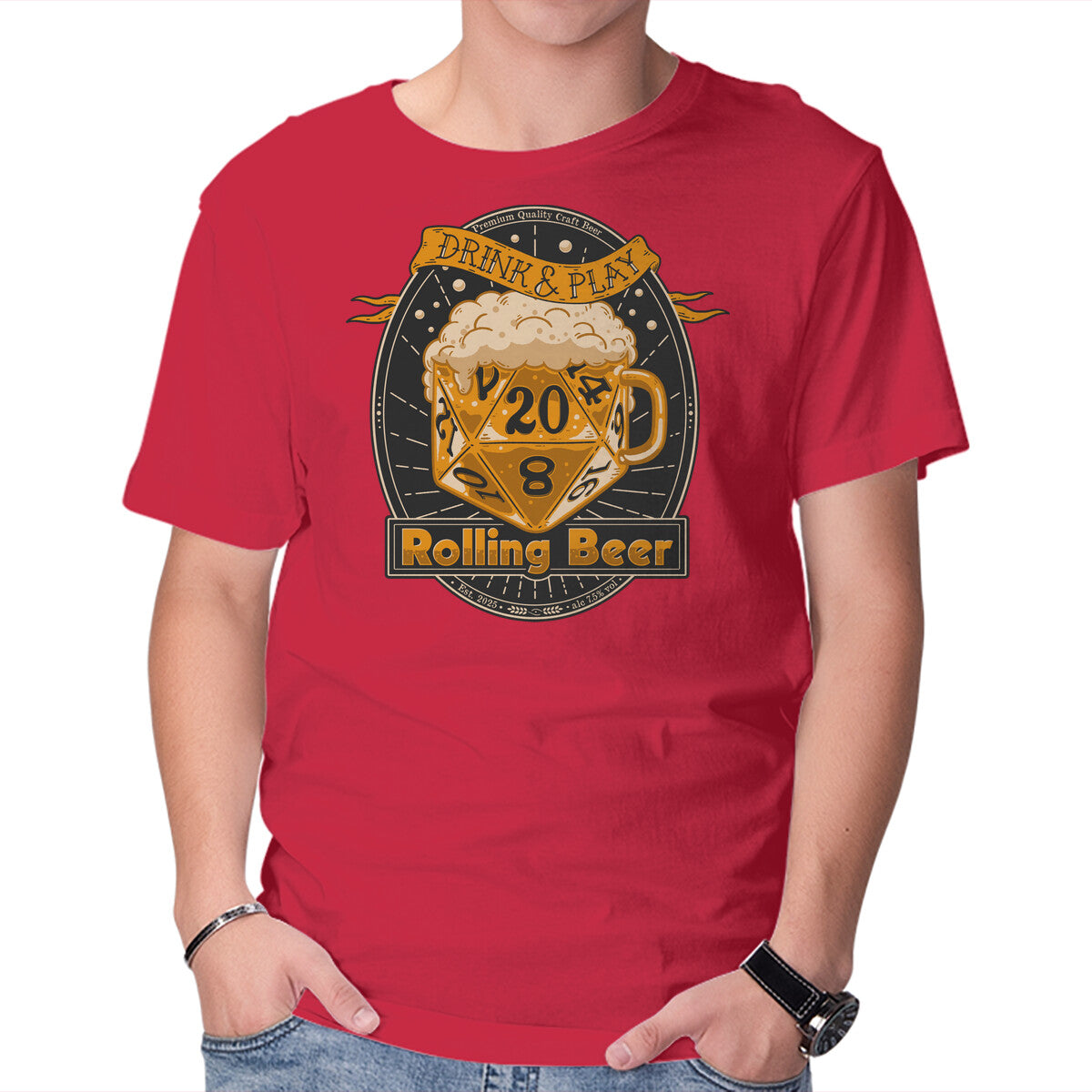 Rolling Beer – Gaming Graphic T-Shirt in red, product display