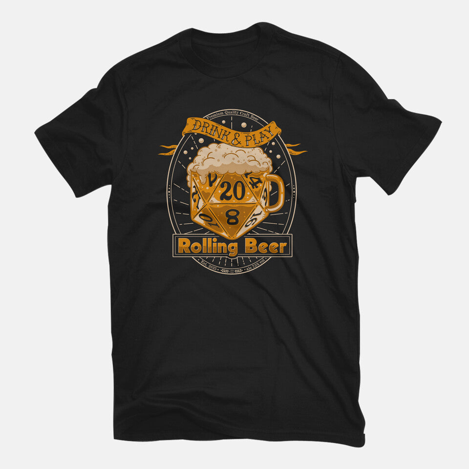 Rolling Beer – Gaming Graphic T-Shirt in black, flat-lay product view
