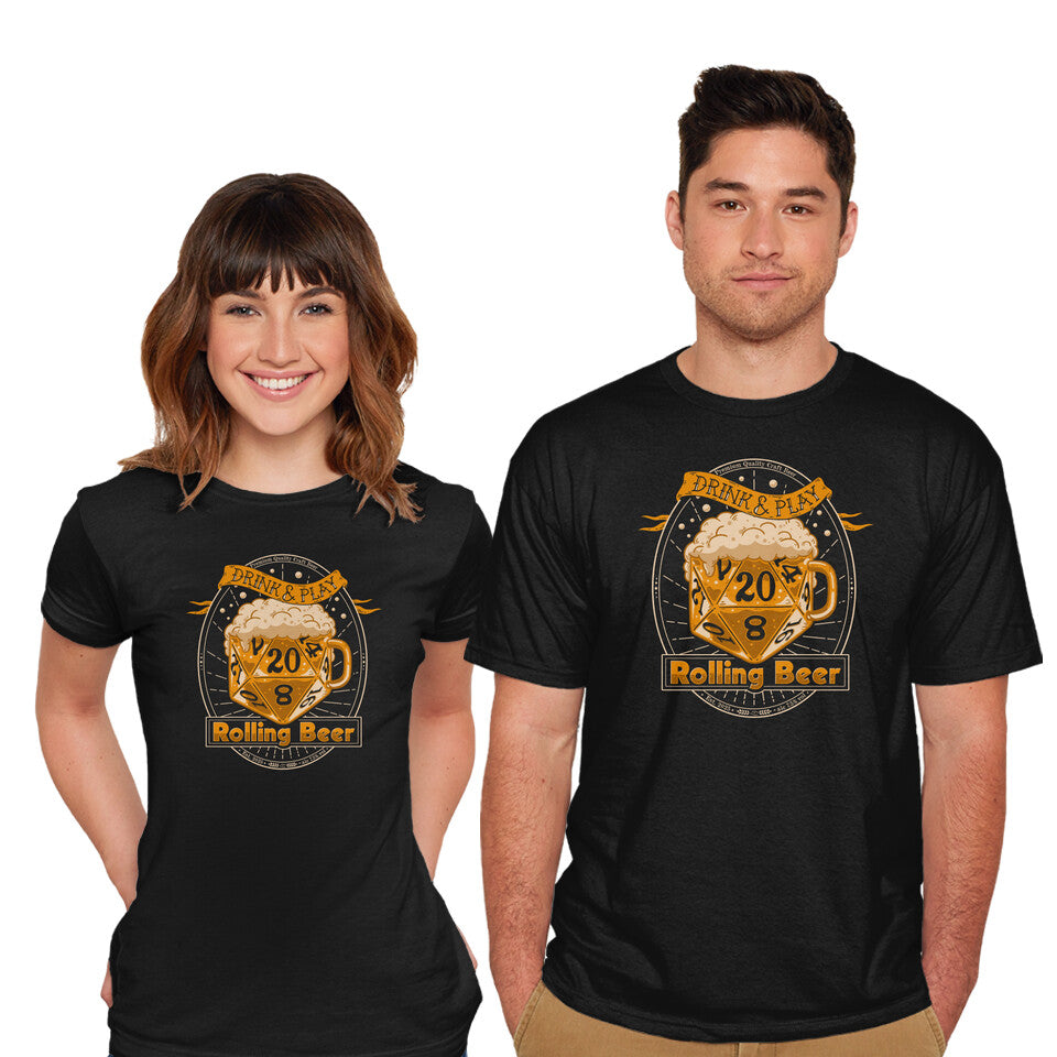 Model wearing black Rolling Beer – Gaming Graphic T-Shirt