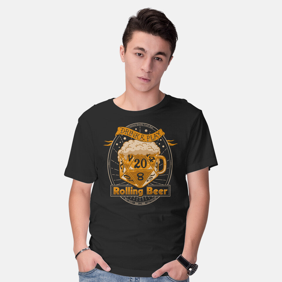 Model wearing black Rolling Beer – Gaming Graphic T-Shirt