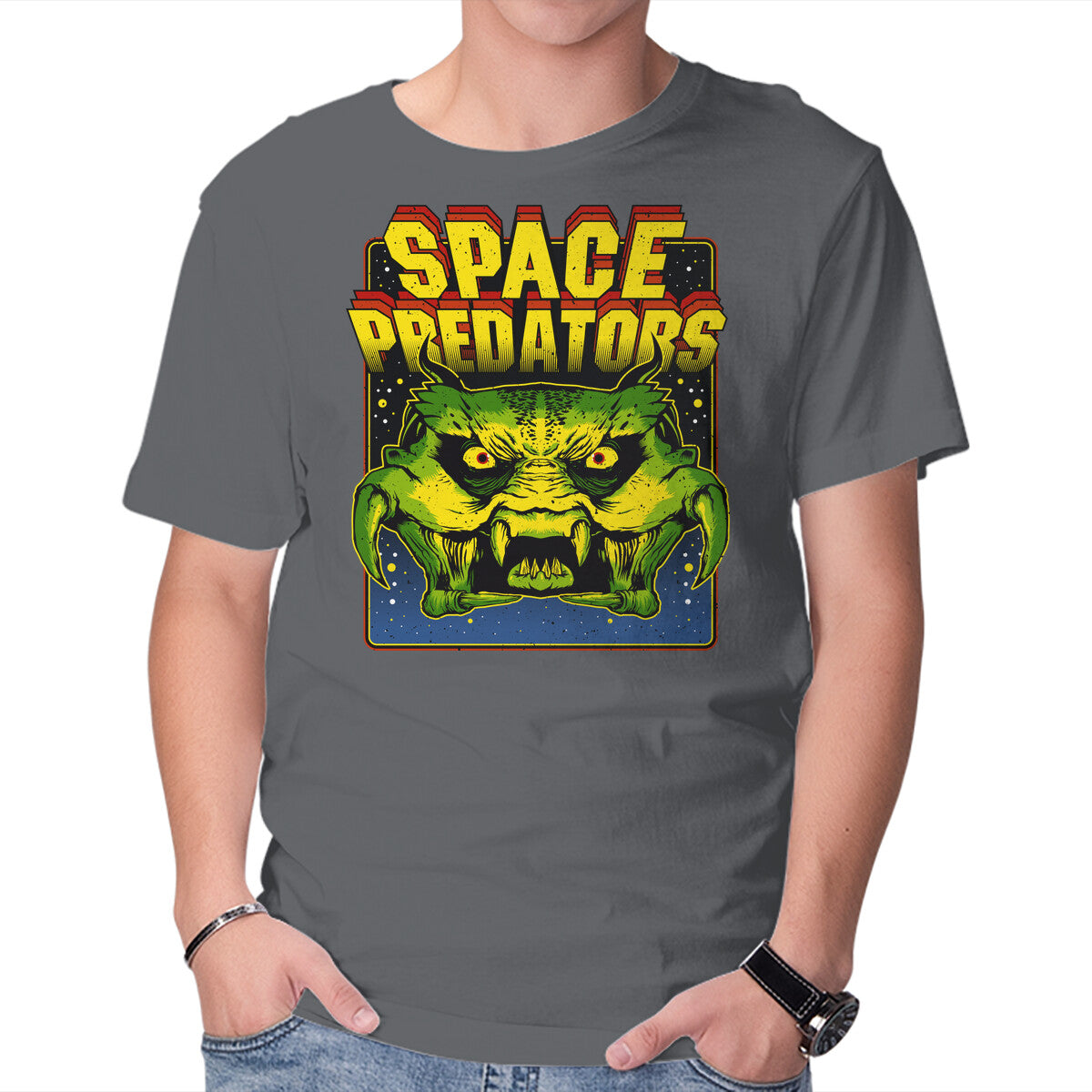 Space Predator – Gaming Graphic T-Shirt in charcoal, product display