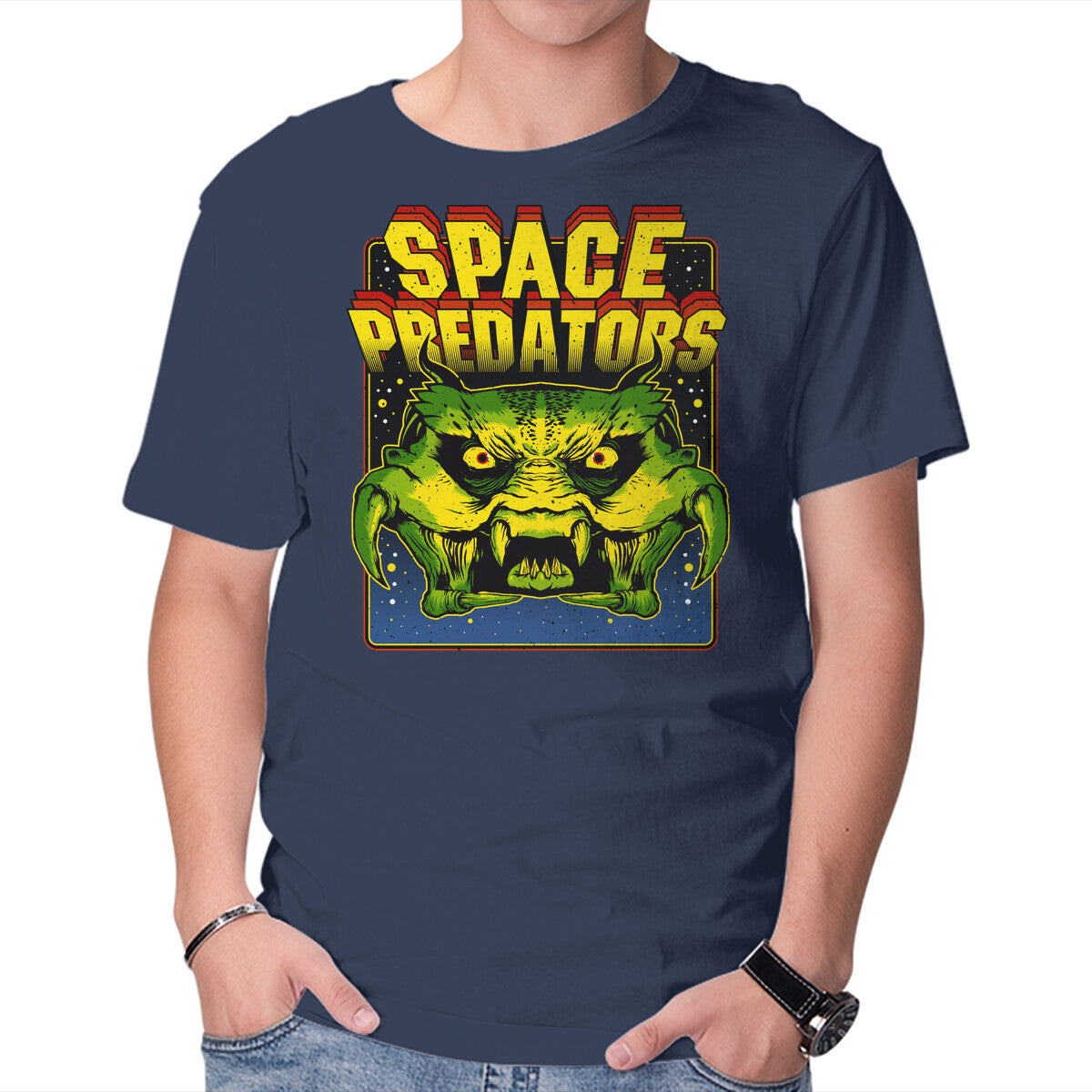 Space Predator – Gaming Graphic T-Shirt in navy, product display