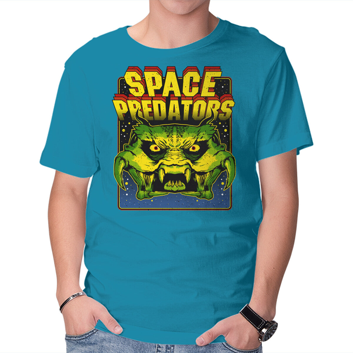 Space Predator – Gaming Graphic T-Shirt in turquoise, product display