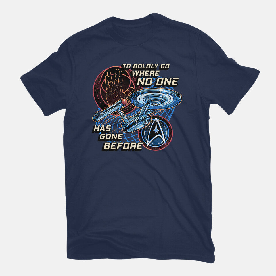 To The Stars And Back – Sci-Fi Graphic T-Shirt in navy, flat-lay product view