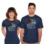 Model wearing navy To The Stars And Back – Sci-Fi Graphic T-Shirt
