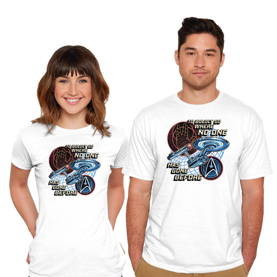 Model wearing white To The Stars And Back – Sci-Fi Graphic T-Shirt