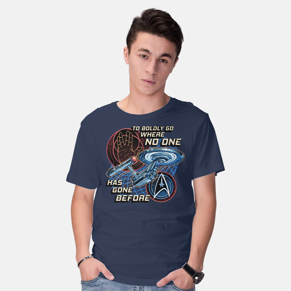 Model wearing navy To The Stars And Back – Sci-Fi Graphic T-Shirt