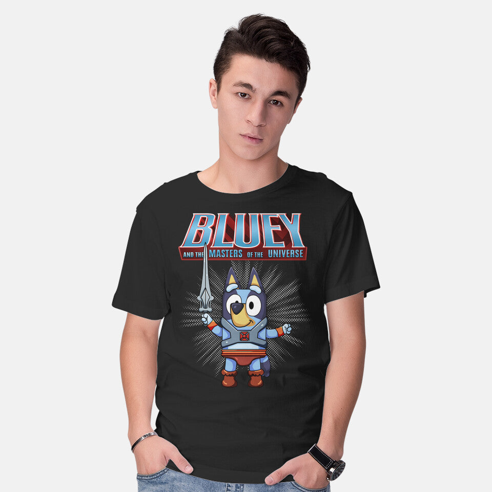 Model wearing black Bluey And The Masters Of The Universe – Dog Graphic T-Shirt