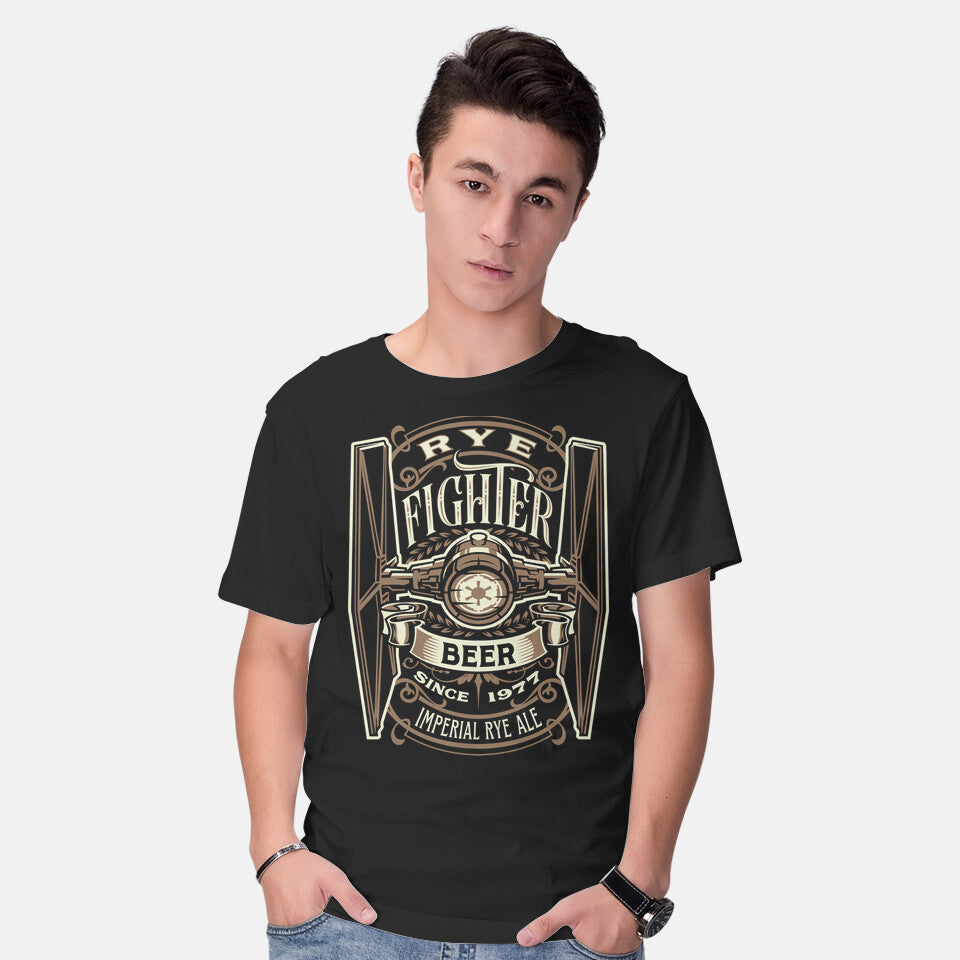 Model wearing black Rye Fighter – Sci-Fi Graphic T-Shirt