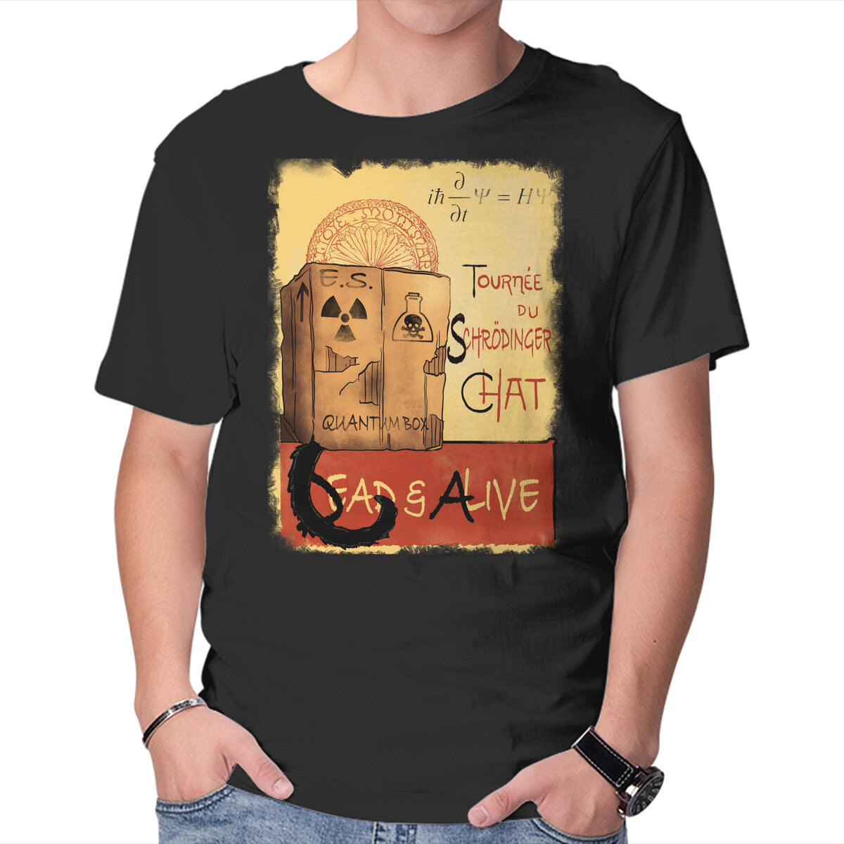 Tournee Du Schrodinger Chat – Cat Graphic T-Shirt in black, product display