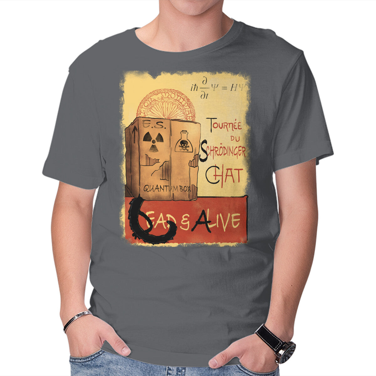 Tournee Du Schrodinger Chat – Cat Graphic T-Shirt in charcoal, product display