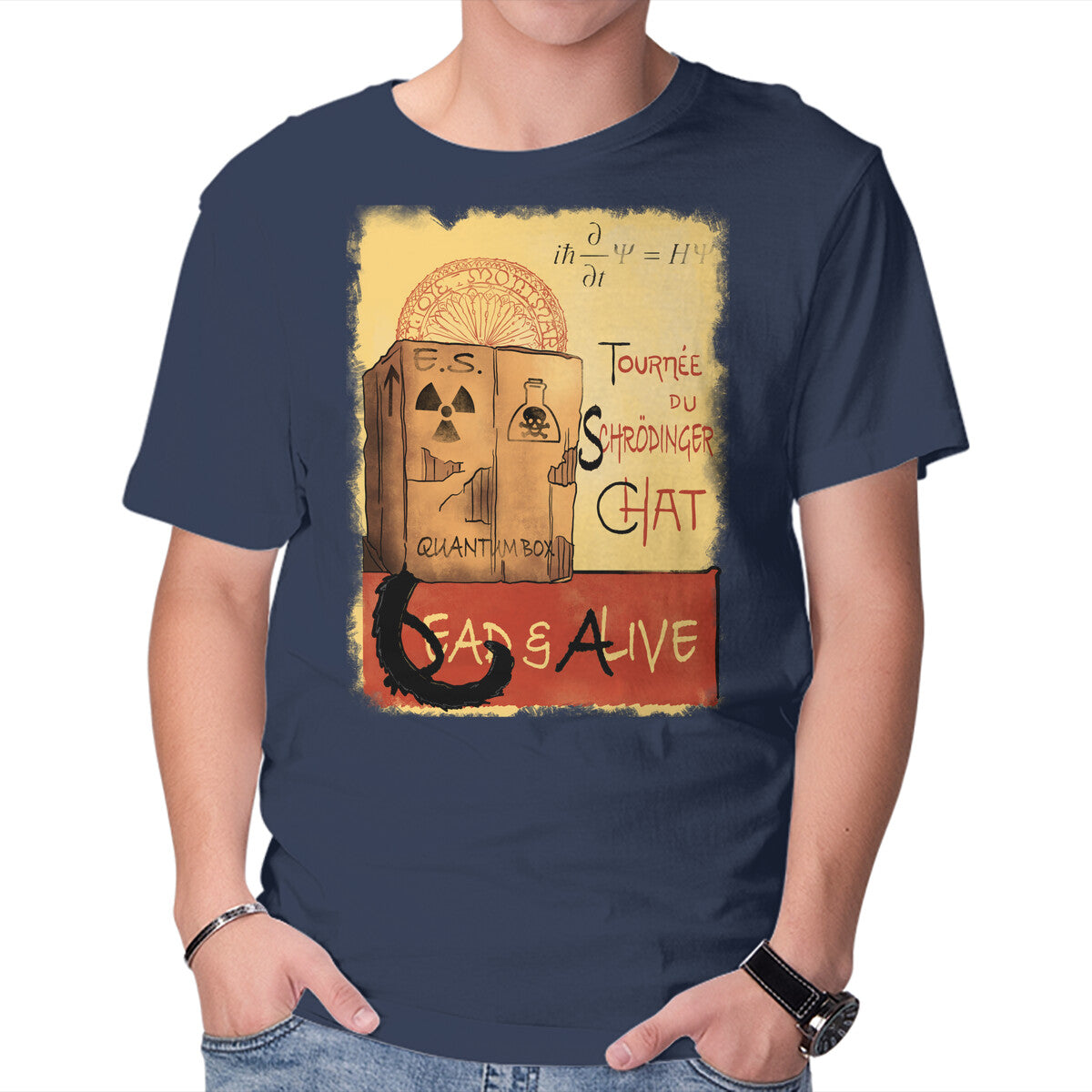 Tournee Du Schrodinger Chat – Cat Graphic T-Shirt in navy, product display