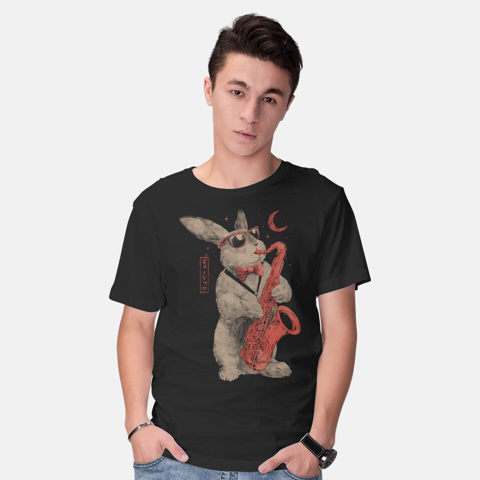 Model wearing black Jazz Bunny – Music Graphic T-Shirt