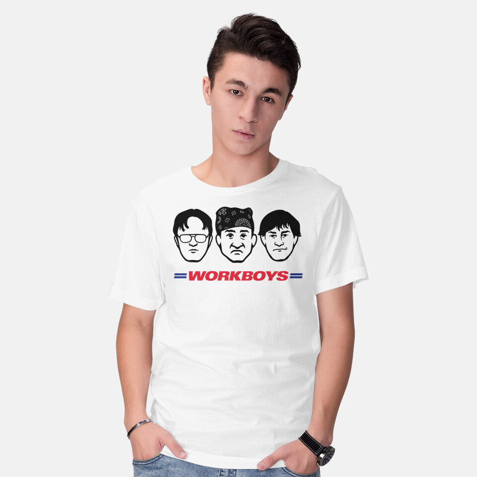 Model wearing white Work Boys – Funny Graphic T-Shirt