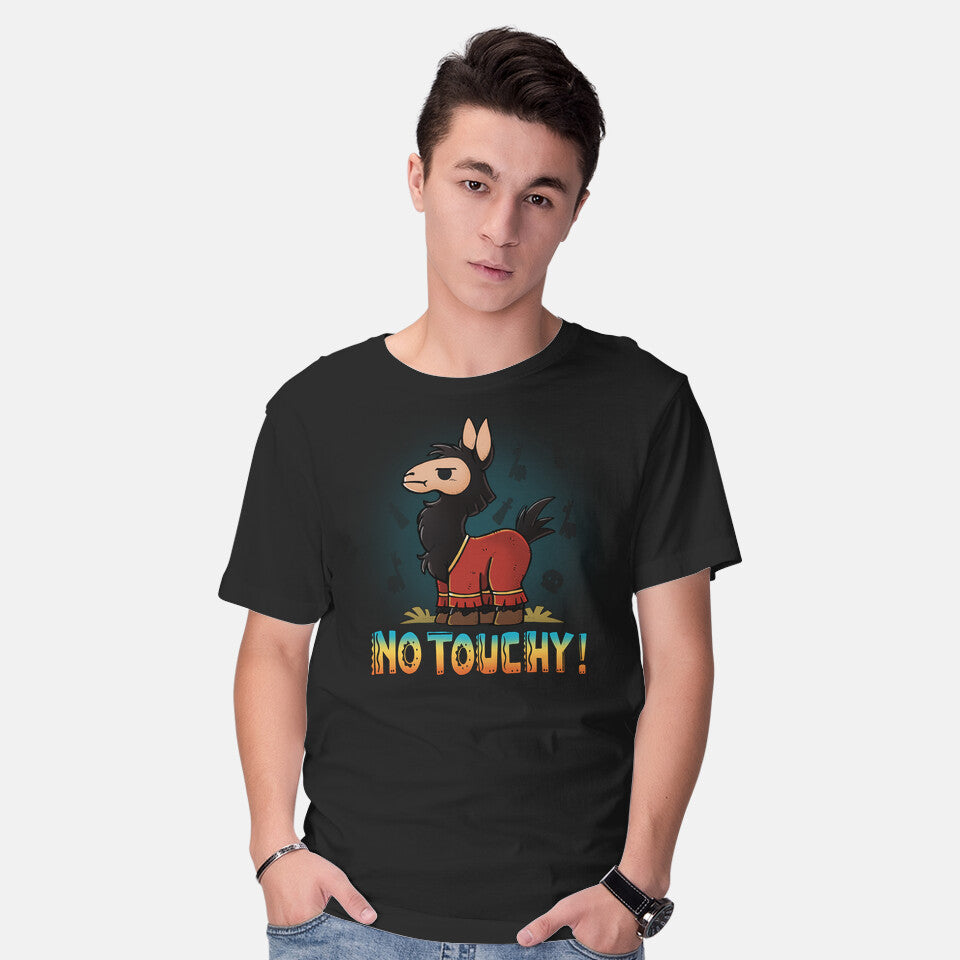 Model wearing black No Touchy – Movie Graphic T-Shirt