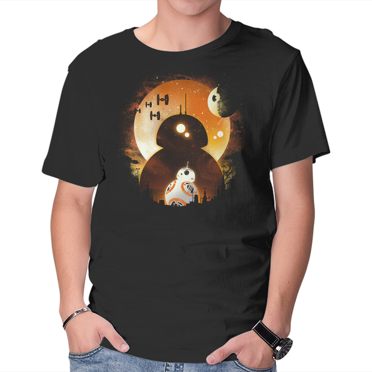 Astromech Night – Sci-Fi Graphic T-Shirt in black, product display