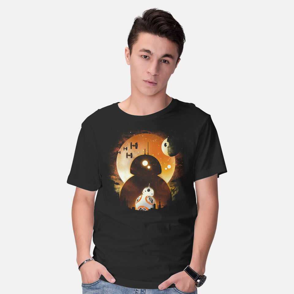Model wearing black Astromech Night – Sci-Fi Graphic T-Shirt