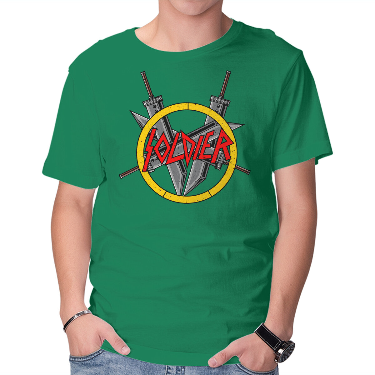 Soldier Slayer – Gaming Graphic T-Shirt in green, product display